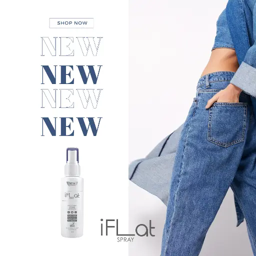 A person wearing denim stands proudly beside a bottle of iFLat spray, with the word "NEW" displayed vertically in vibrant letters.