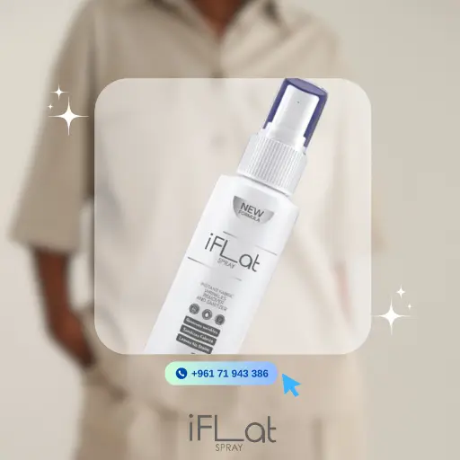 A white spray bottle labeled 'iFLat' in the foreground, with a defocused person softly blurred in the background.