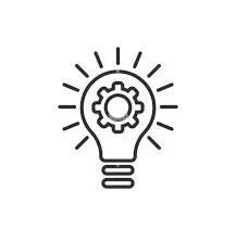 Icon of a lightbulb with a gear inside, symbolizing innovation and idea generation