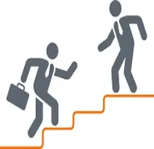 Two figures climbing stairs; one in a suit with a briefcase and another extending a helping hand, symbolizing collaborative culture