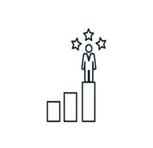 Person on top of a rising bar graph with stars above symbolizes success and growth opportunity