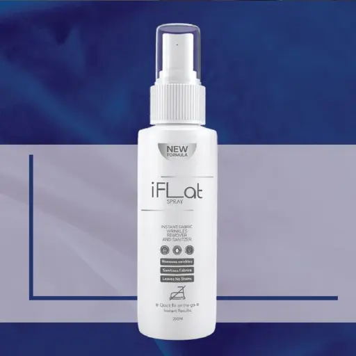 White spray bottle labeled 'iFlat spray' with transparent cap on a blue and gray background featuring a 'New Formula' badge.