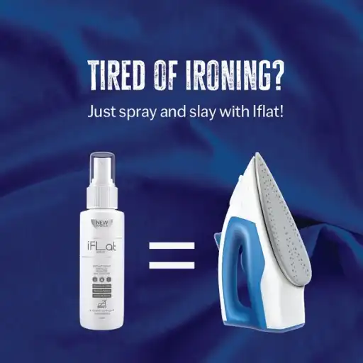 Ad graphic featuring a spray bottle and iron on blue fabric with the text 'Tired of Ironing? Just spray and slay with iFlat!