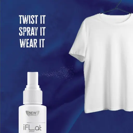 Image of a crisp white shirt and a sleek spray bottle of iFlat Spray, 'TWIST IT, SPRAY IT, WEAR IT.