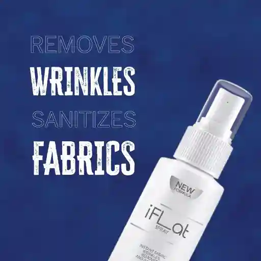 A white spray bottle labeled 'iFlat' lying on a blue fabric background with text next to it reading, 'Spray for a sleek look.