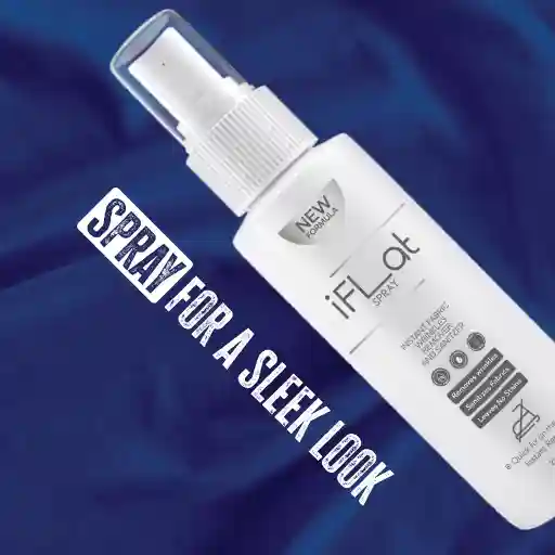 Image of a bottle of iFlat spray placed on blue fabric, accompanied by the text 'SPRAY FOR A SLEEK LOOK