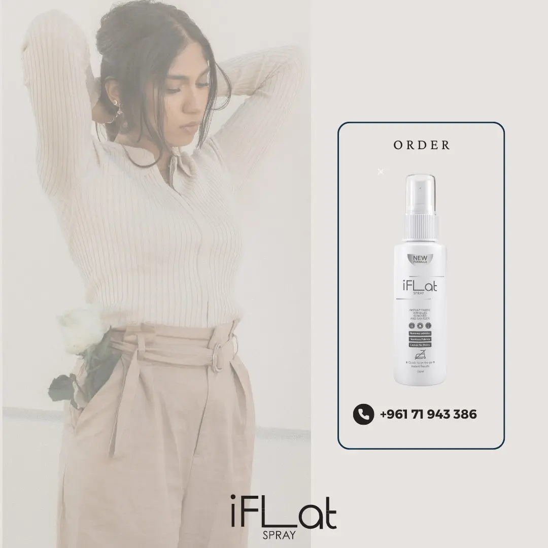 Woman posing with iFLAT Spray wrinkle remover bottle in product advertisement