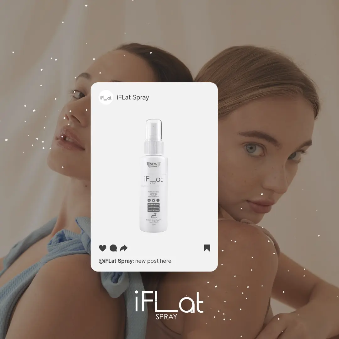 iFLAT Spray advertisement featuring text overlay and social media icons for wrinkle removal in 20 seconds