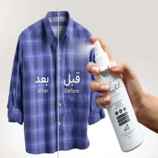 Hand holding iFLAT Spray fabric wrinkle remover next to half-cleaned checkered shirt with Before and After labels