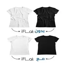 Before and after comparison of white and black t-shirts showing wrinkle removal with iFLAT Spray