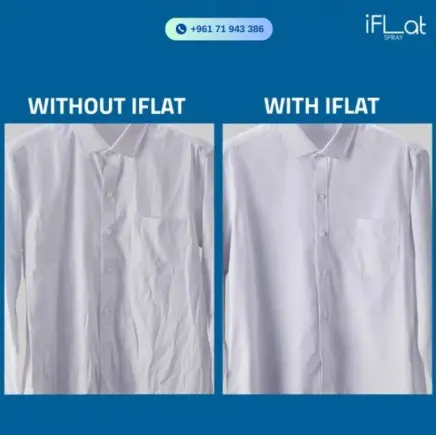 Comparison of two white shirts: left shirt is wrinkled without spray, and right shirt is smooth after using iFLAT spray. Wrinkled vs. Smooth White Shirts | The Transformative Power of iFLAT Spray