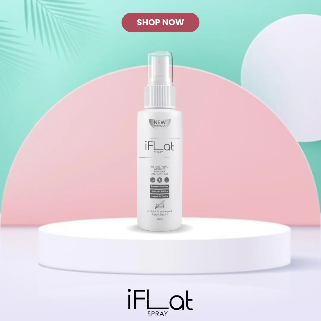 iFLAT Spray bottle on a pedestal with vibrant background and 'Shop Now' button in product advertisement