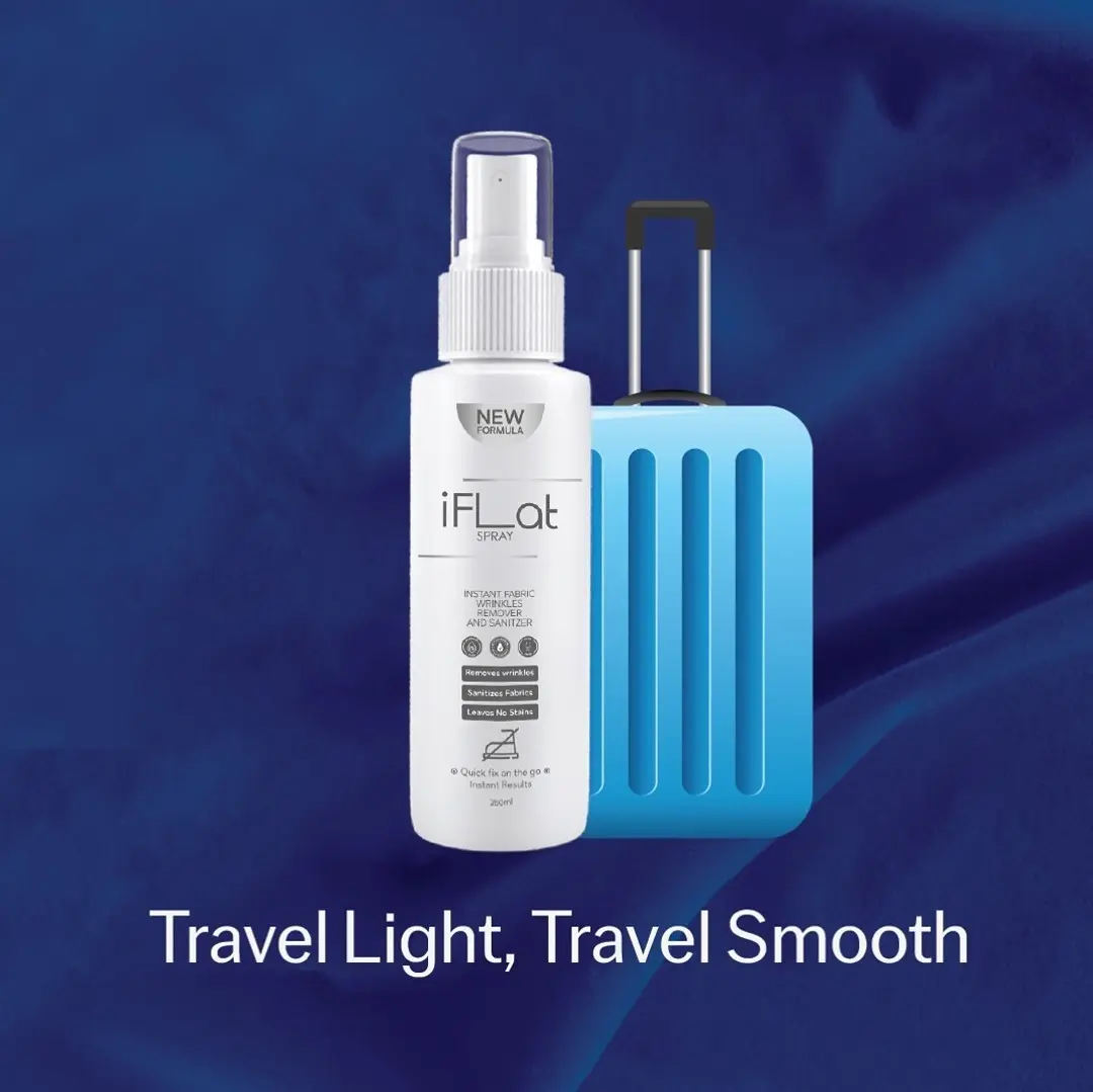 Image of a travel-sized bottle of liquid next to a miniature suitcase on a blue background, featuring the text 'Travel Light, Travel Smooth.